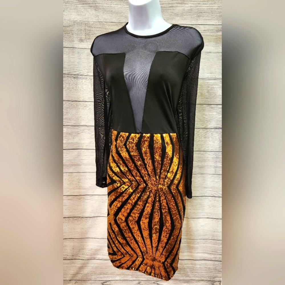 Black mesh with gold sequins dress, XL